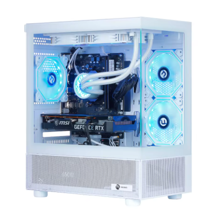宁美 Lumishore 游戏电脑，AMD Ryzen 7 5700X 处理器，NVIDIA RTX 5060 显卡，32GB 内存，1TB 固态硬盘，Wi-Fi 游戏电脑